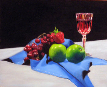 Wine & Fruit - Oil on Panel by Margo Kelley