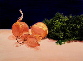 Onions, Shallots & Parsley - Oil on Panel by Margo Kelley